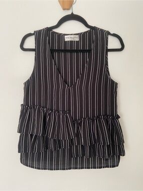 Little Mountain Linen Striped Sleeveless Blouse Ruffle Peplum size Small